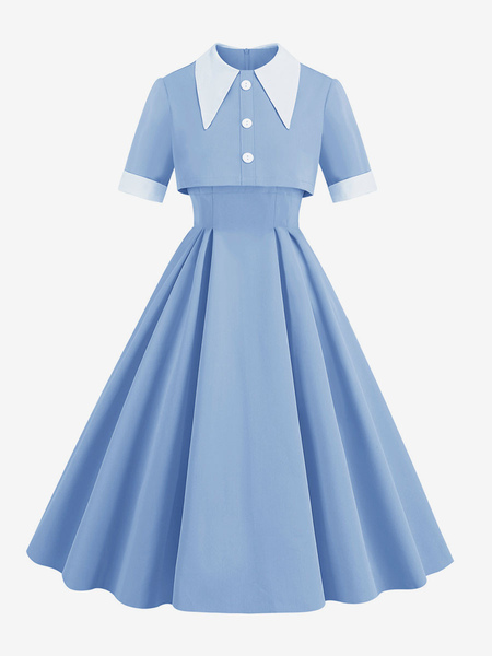 Image of Abito retrò anni &#39;50 Audrey Hepburn stile blu bottoni bicolore maniche corte colletto rovesciato abito scampanato medio