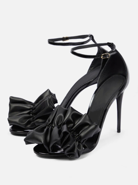 chaussures habillées noires avec nœud froncé talon aiguille bride à la cheville soirée