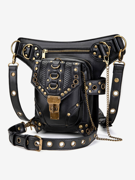 Image of Steampunk Lolita Handbag Black PU Leather Dettagli in metallo Marsupio Gothic Lolita Accessories