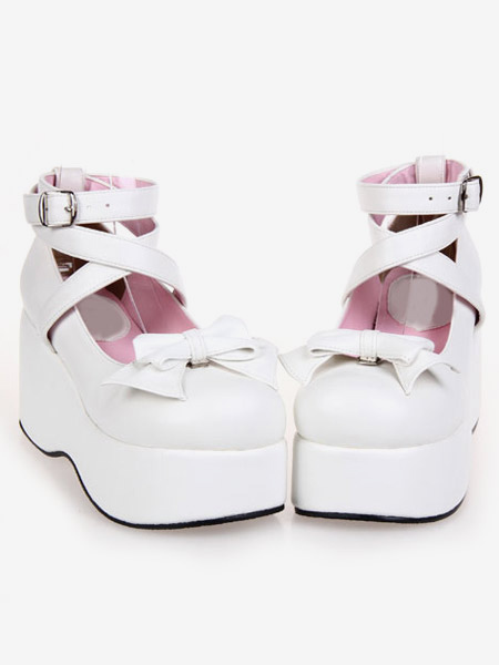 Image of Punta rotonda bianca alta piattaforma Lolita scarpe caviglia cinghie fiocco Decor