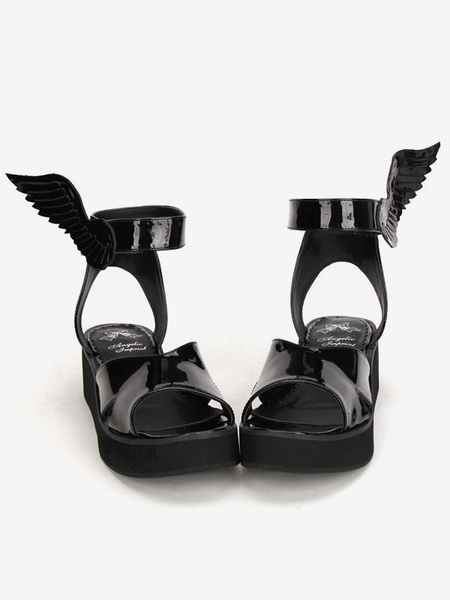 Image of Cinturino alla caviglia di lucido nero Lolita sandali piattaforma angolo ala Design