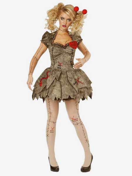 Image of Costumi da zombie di Halloween per le donne Vestito spaventoso marrone chiaro Copricapo Costumi da festa in poliestere