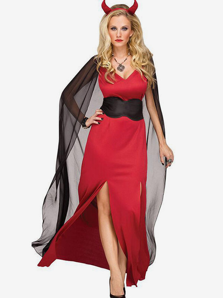Image of Costumi da diavolo di Halloween per le donne Abito lungo rosso Mantello Copricapo Costumi da festa in poliestere