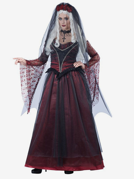 Image of Costumi da sposa fantasma di Halloween Abito da sposa reale in pizzo bordeaux Copricapo Costumi da festa in poliestere