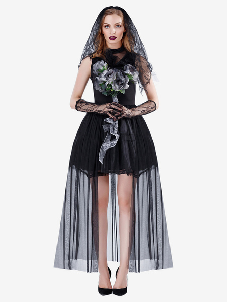 Image of Costumi da sposa fantasma di Halloween per le donne Abito sexy in pizzo nero Copricapo Costumi da festa in poliestere Set completo