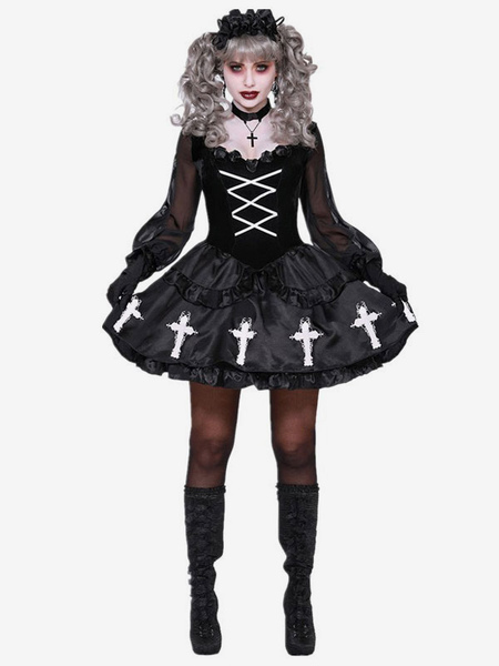 Image of Costumi da ragazza gotica di Halloween per le donne Vestito gotico sexy nero Copricapo Costumi da festa bicolore in poliestere Set completo