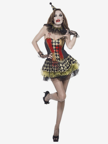 Image of Costumi di Halloween Joker per le donne Vestito spaventoso nero Copricapo Costumi da festa in poliestere Set completo