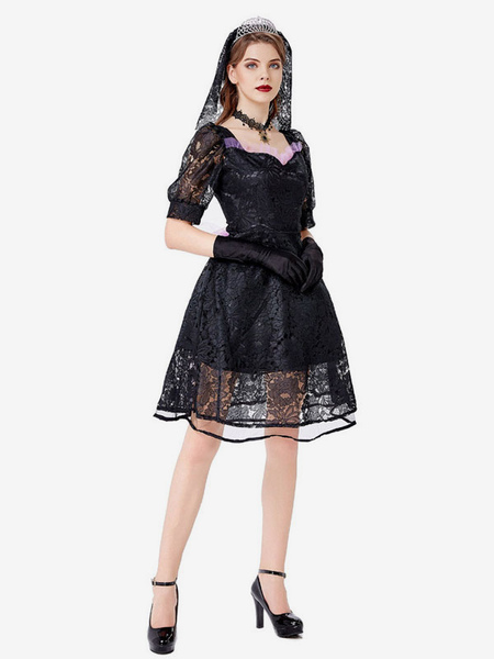 Image of Costumi gotici di Halloween per le donne Costumi da festa in pizzo di poliestere con velo nero spaventoso