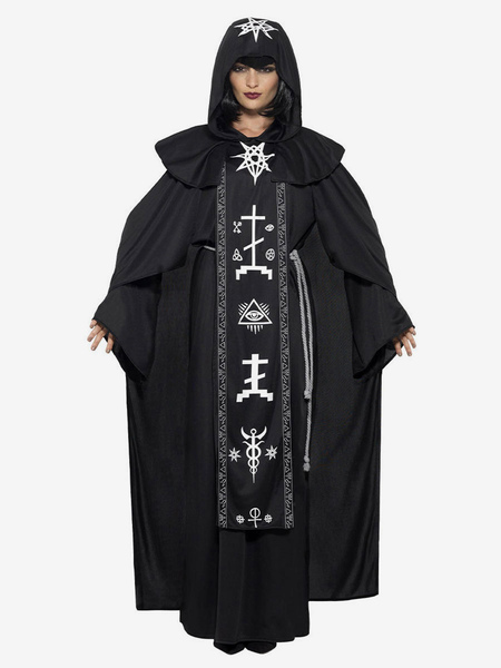 Image of Costumi di Halloween Black Mage per le donne Black Wizard Artwork Scary Hat Sash Poliestere Holidays Costumes Set completo