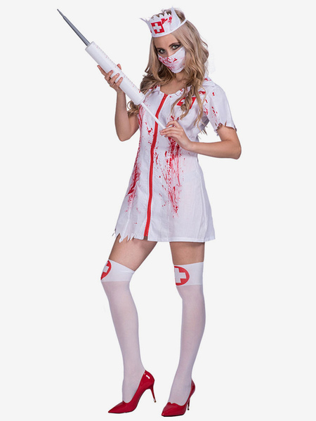 Image of Carnevale Costumi di Halloween per infermiere Costumi di vacanze di donne bianche con stampa di sangue bianco Halloween