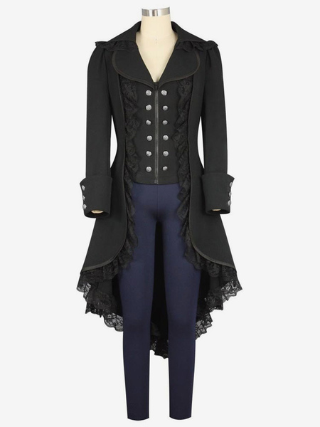 costume 2024 noir gothique boutonnage dentelle zip plissé gothique rétro pardessus femmes déguisements halloween