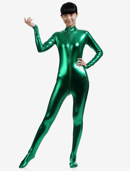 Image of Carnevale Chiusura lampo verde scura lucido metallizzato Suit Zentai per le donne Halloween