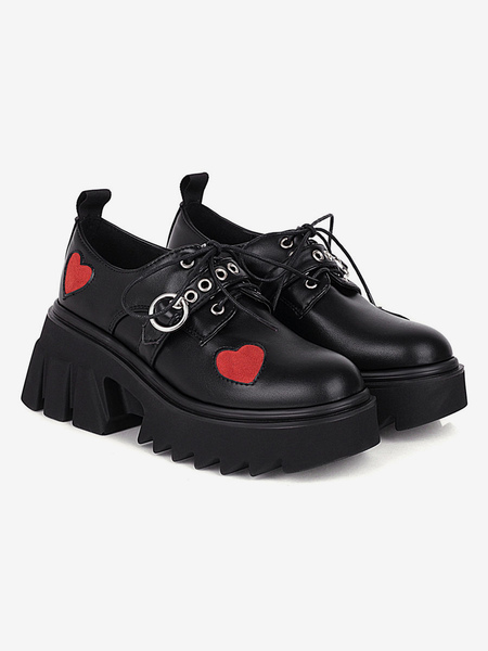 Image of Gothic Lolita Footwear Black Round Toe PU Motivo a cuore in pelle PU Pompe lolita