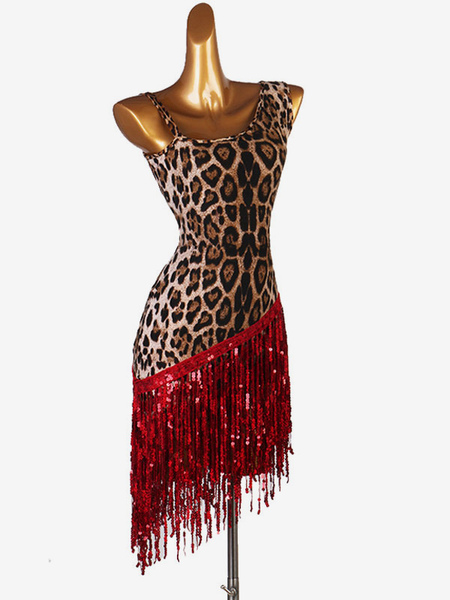 Image of Carnevale Costume da ballo latino Leopard Paillettes Donna Set Lycra Spandex Dress Dancing Wear Halloween