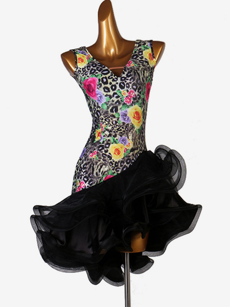 costume de danse latine léopard imprimé floral robe à volants vêtements de danse déguisements halloween