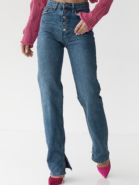 Image of Pantaloni da donna a gamba dritta a vita alta con bottoni jeans chic da cowboy