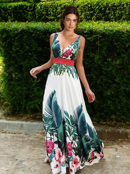robe longue imprimé femme sexy avec bretelles à col décolleté en v coupe cintrée bas evasée bicolores robe maxi robe de plage