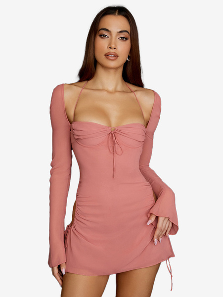 robes moulantes rose col carré plissé fente à lacet chic manches longues robe crayon