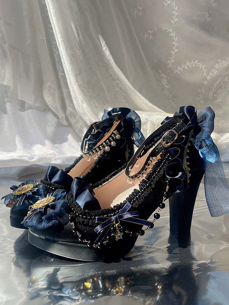 Image of Black Lolita; Catene di pizzo Round Tone PU Leather scarpe Lolita Lolita