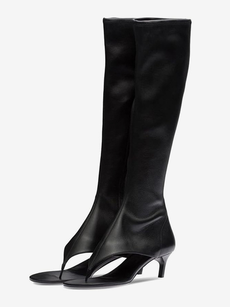 Image of Stivali neri al polpaccio Stivali sandalo con punta aperta infradito da donna con tacco a forma di gattino