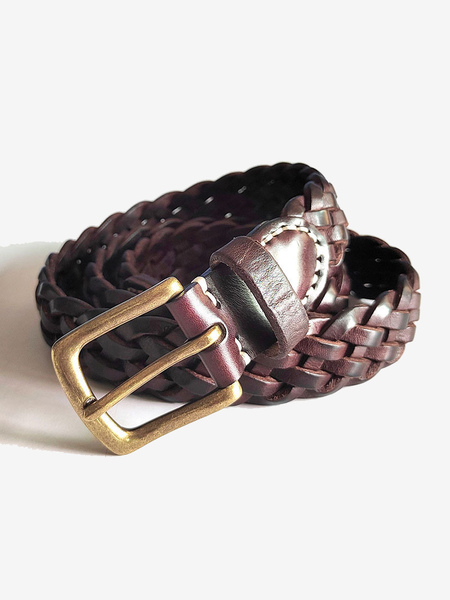 Image of Elegante cintura in pelle intrecciata con cinture con fibbia in metallo color cioccolato