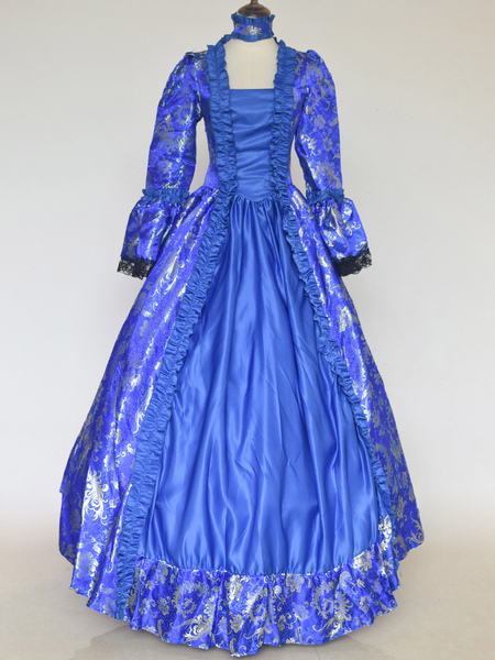 Image of Costumi retrò blu Girocollo con stampa floreale in tessuto di raso con lacci Costume di Maria Antonietta Set gotico da donna Abbigliamento vintage