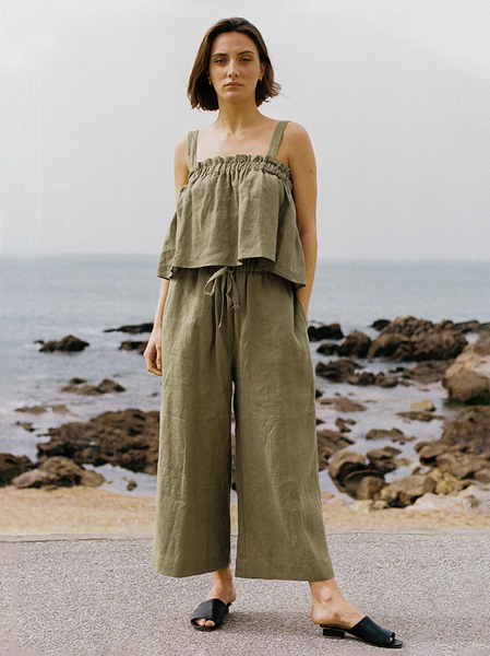Image of Set pantaloni oliva Street Wear cotone lino volant Chic