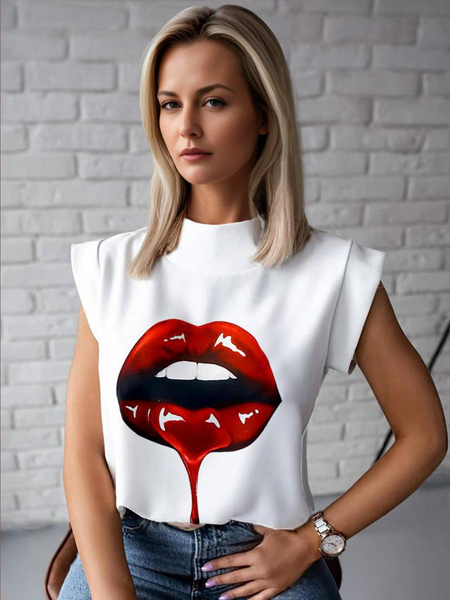 Image of Camicetta bianca per donna T-shirt estiva in chiffon con stampa a maniche corte casual con collo gioiello