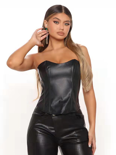 top corset femmes haut court noir sans bretelles sexy en cuir pu