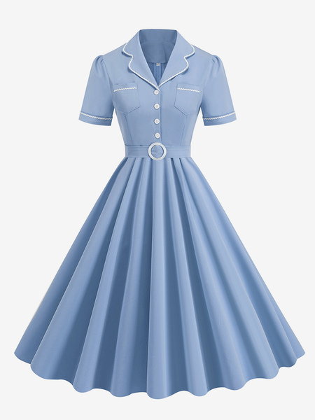 Image of Abito retrò anni &#39;50 Audrey Hepburn stile colletto con risvolto fusciacca maniche corte abito scampanato blu medio bicolore