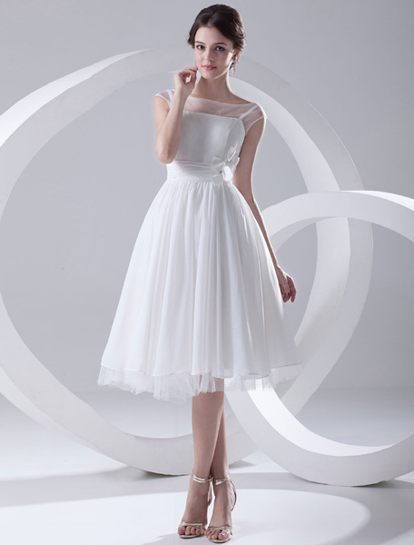 Milanoo Günstiges Brautkleid aus Chiffon mit Bateau-Kragen in Weiß
