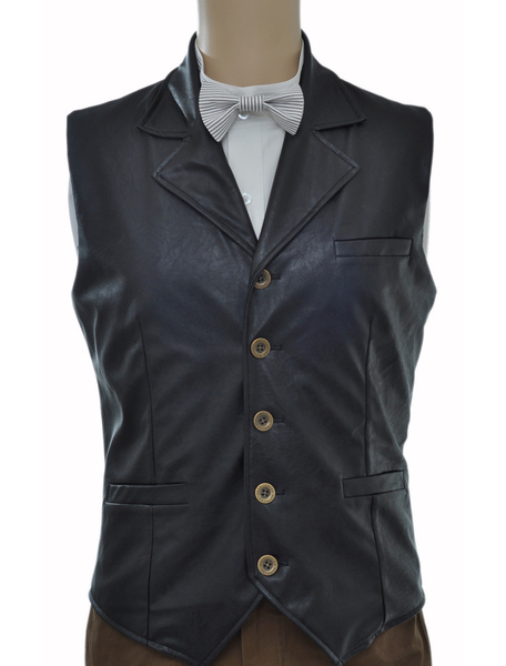 Image of Vintage Steampunk Costume Waistcoat Black Men's Faux Leather Retro Suit Vest Halloween
