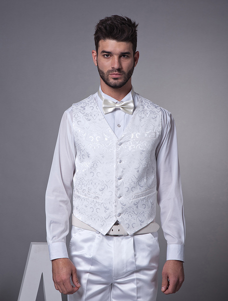 

Floral White Satin Buttons V-Neck Tailored Wedding Groom Vest