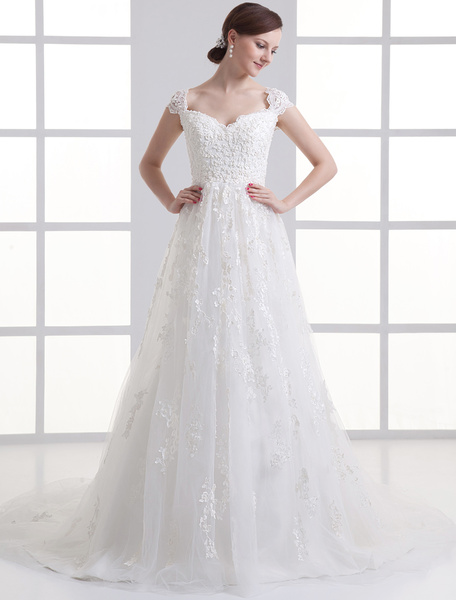 Image of Glamorous Ivory Tulle Beading A-line Bride's Wedding Dress