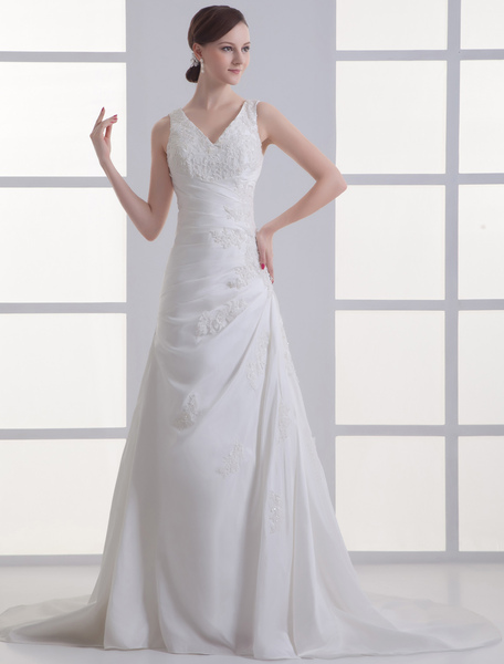 Milanoo Brautkleid aus Taft mit V-Ausschnitt in Elfenbeinfarbe