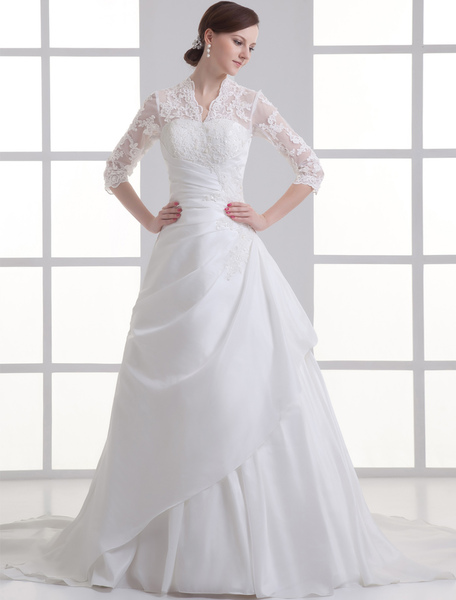 Milanoo Brautkleid aus Taft mit V-Ausschnitt in Weiß