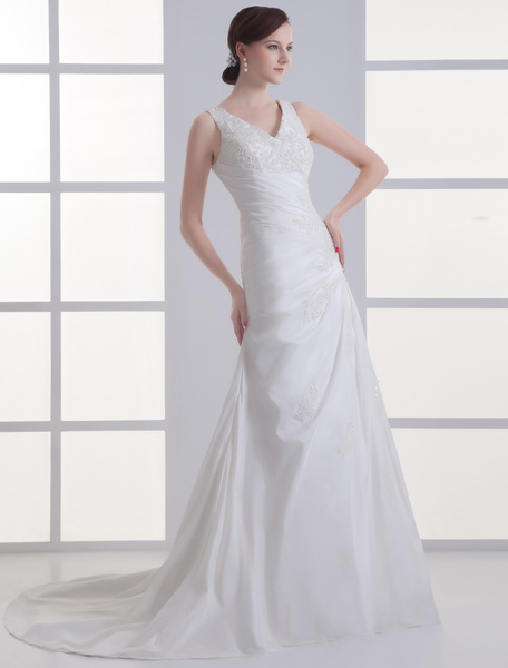 Milanoo Brautkleid aus Taft mit V-Ausschnitt in Elfenbeinfarbe