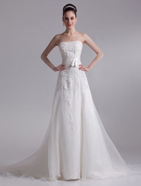 Milanoo Elegant Ivory A Line Strapless Rhinestone Tulle Bridal Wedding Dress