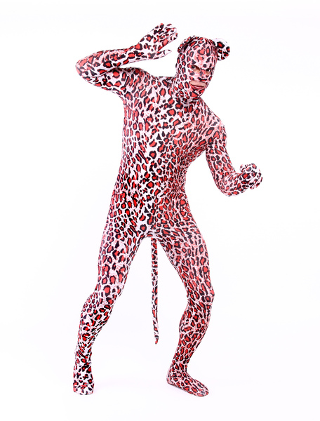 Milanoo Morph Suit Red Leopard Style Catsuit Lycra Spandex Bodysuit with Mouth and Eyes Opened