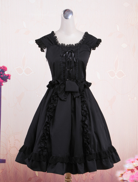 Image of Lolita abito classico nero con maniche corte arco decorato un pezzo