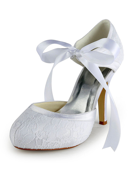 

Chic Bow Ankle Strap Almond Toe Stiletto Heel Shoes For Bride, Ivory;white