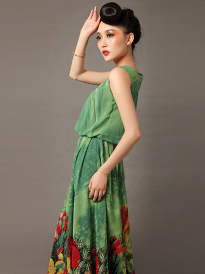 Beliebtes Maxi-Kleid aus Chiffon mit Printmuster in Grün от Milanoo WW
