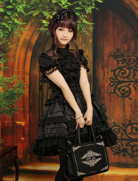 Image of Abito da Lolita gotico nero in finta seta damascato con maniche corte e gonna