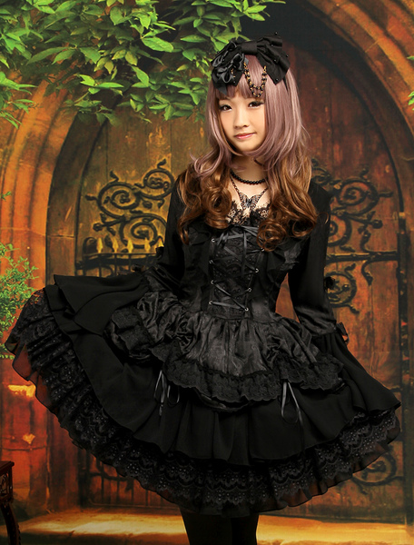 Milanoo Gothic Black Lolita One Piece Dress Long Hime Sleeves Lace Up Layers Lace Trim