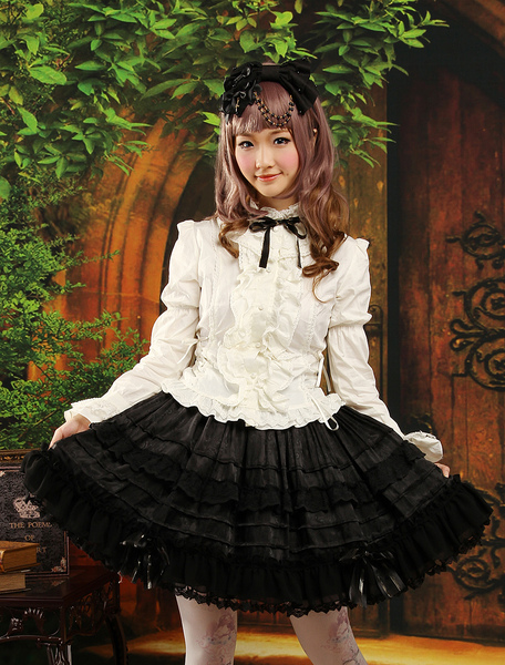 Image of Abito da Lolita gotico bianco e nero damascato in cotone con maniche lunghe e gonna