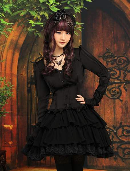 Image of Classico volant maniche lunghe nero Lolita Outfit