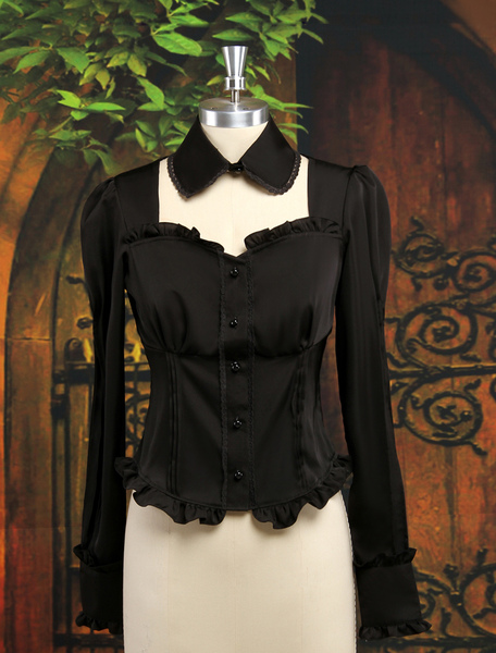 Image of Black Satin Lolita Blouse Long Sleeves Ruffles Lace Up Sexy Blouse