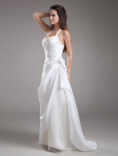 Milanoo White Taffeta Halter Bow Embroidered A Line Bridal Wedding Dress