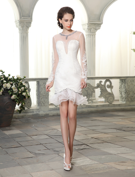 Milanoo  Etui-Brautkleid aus Spitze mit Rundkragen und Rüschen Mini-Kleid in Elfenbeinfarbe