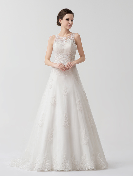 Milanoo Ivory Lace Sweetheart Neckline A Line Tulle Pleated Beaded Wedding Dress
